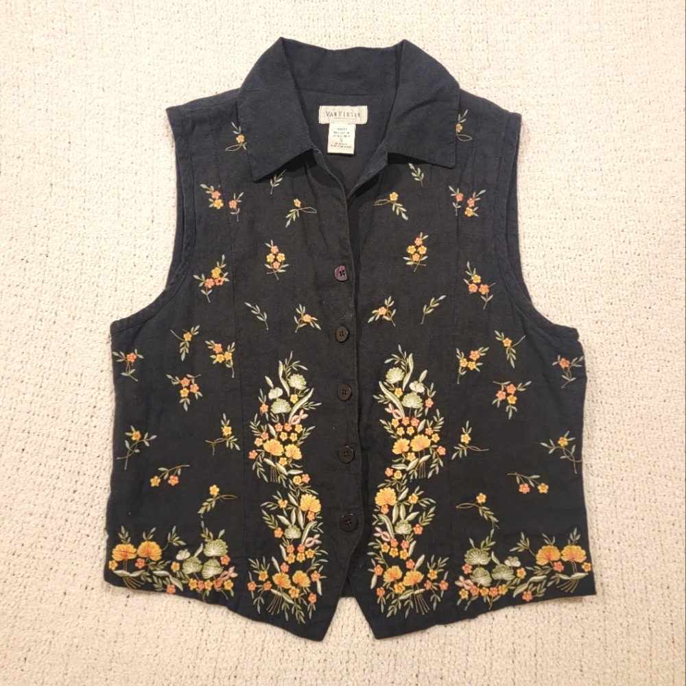 Vintage Women's 90s Embroidered Floral Whimsigoth Vest Blouse Top Size Small